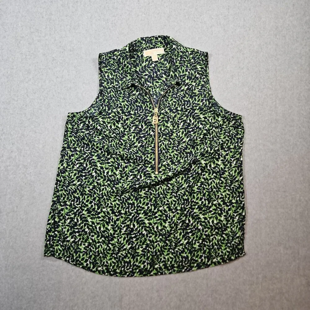 Michael Kors Women's Sleeveless Zip Blouse Size L Green Navy Leaf Print